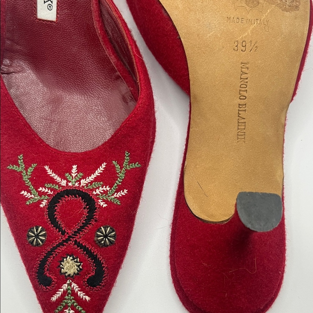 Manolo Blahnik Red Embroidered Mules - Picture 3 of 4